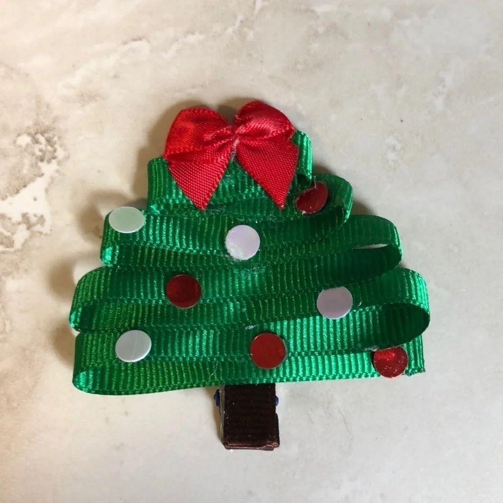 2/$15 3 Christmas Tree Barrettes | Green & Red Holiday Hair Clips | Girls